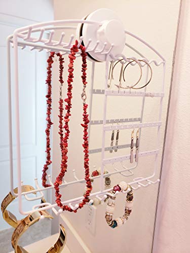 Jewelry organizer earring necklace bracelet holder hanging wall mount mirror storage (white)