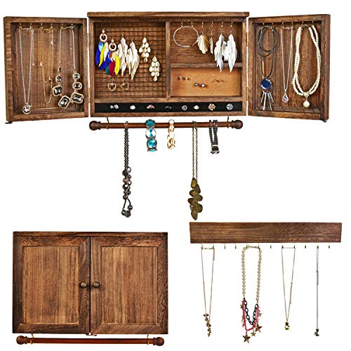 Jewelry Organizer with Wooden Barndoor Décor,Wall Mounted Wood Hanging Jewelry Holder with Bracelet Rod and Hook Organizer for Necklaces, Earrings, Bracelets, Ring Holder, and Accessories(Browvn)