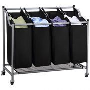 Ollieroo Laundry Sorter Cart 4-Bag Classics Rolling Laundry Hamper, Sturdy Frame with 60KG Weight Capacity, Black