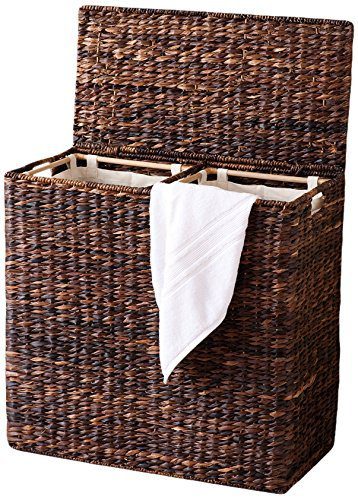 BirdRock Home Oversized Divided Hamper with Liners (Espresso) - Made of Natural Woven Abaca Fiber - Organize Laundry - Cut-Out Handles for Easy Transport - Includes 2 Machine Washable Canvas Liners