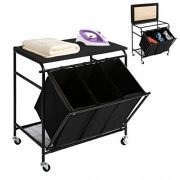 HollyHOME Laundry Sorter Cart Ironing Board with Side Pull 3-Bag Heavy-Duty Laundry Hamper 4 Wheels Black