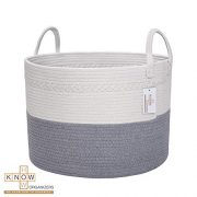 Large Cotton Rope Laundry Basket - Baby Laundry , Woven Laundry Basket, Dog Toy Basket, XXL Blanket Basket, Long Handles, Decorative Nursery Hamper | Grey White 20'' x 13'' Wide Extra Large