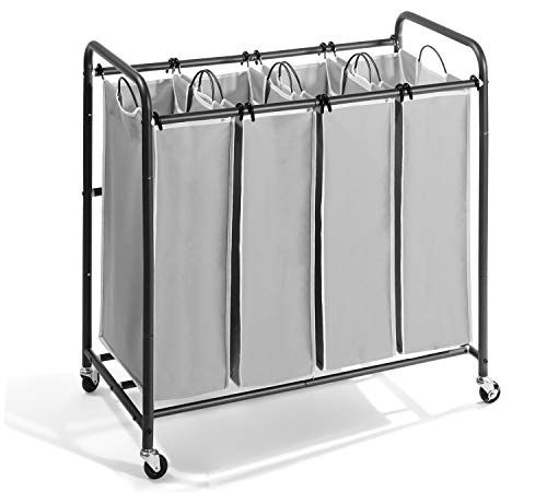 JustRoomy Mobile 4-Bag Classics Laundry Hamper Sorter Clothes Storage Cart Laundry Organizer Basket with Heavy Duty Rolling Lockable Wheels Casters Tall Handles, Silver Gray