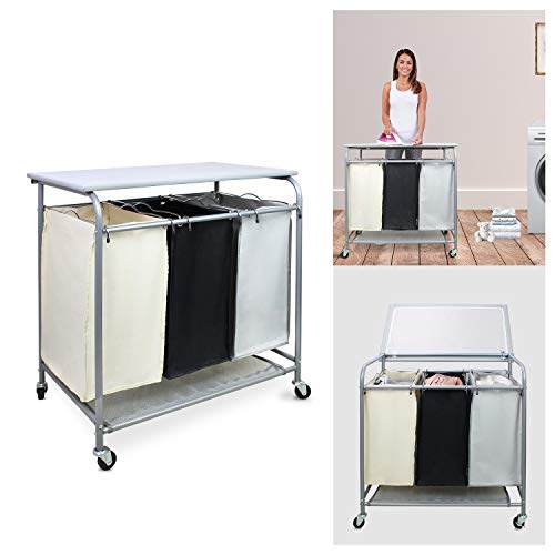Sotech -3 Bag Laundry Sorter with Grey Iron Board, Hamper Sorter with Heavy-Duty Rolling Wheels, 3 Color Design