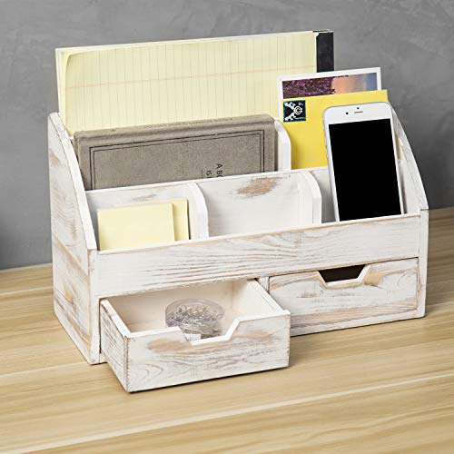 MyGift 7-Compartment Shabby Whitewashed Wood Desktop Office Supplies