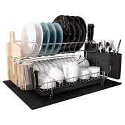 MAJALiS 304 Stainless Steel Large Capacity Dish Drying Rack, 2 Tier Dish Drying Rack with Dish Drainer for Kitchen Countertop, bonus Microfiber Mat and 4pcs Cleaning Cloths (Black(2 tiers))