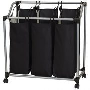 Household Essentials 9117 Triple Laundry Sorter on Wheels - Black and Grey