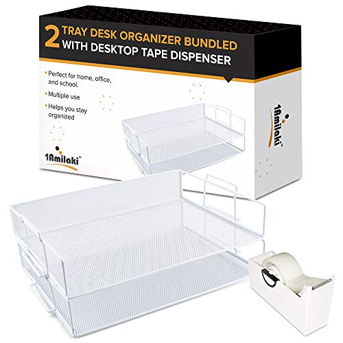 2 Tray Office Desk Organizer and Tape Dispenser-White Metal mesh
