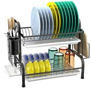 Dish Drying Rack, GSlife 2 Tier 304 Stainless Steel Dish Rack with Utensil Holder, Cutting Board Holder and Dish Drainer for Kitchen Counter, Black
