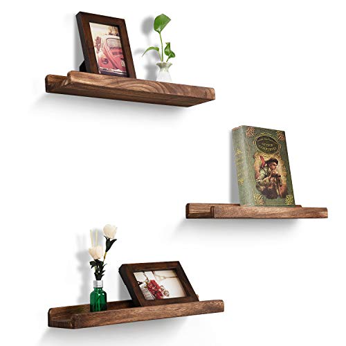 Emfogo Wood Picture Ledge Shelf Rustic Floating Shelves Set of 3 for Storage and Display 16.9 inch Carbonized Black
