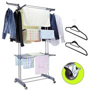 MIZGI 3 Tier Rolling Clothes Drying Rack Clothes Garment Rack Laundry Rack with Foldable Wings Shape Indoor/Outdoor Standing Rack Stainless Steel Hanging Rods - Gray & Electroplate (Gray)