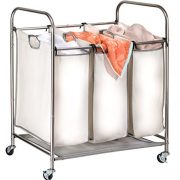 Rolling Laundry Sorter Cart - Durable Metal Frame, Lockable Wheels, Three Heavy Duty Canvas Bags with Handles. The Triple Compartment Laundry Hamper Will Hold up to 3 Loads of Household Laundry.