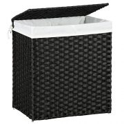 SONGMICS 110L Handwoven Laundry Basket, Synthetic Rattan Divided Clothes Hamper with Lid and Handles, Foldable, Removable Liner Bag, Black ULCB52BK
