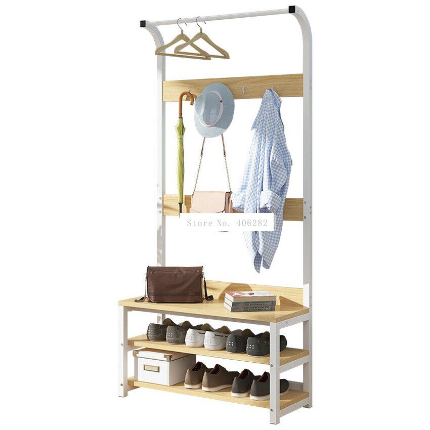 Simple Multi-Hook Clothing and Shoes Stand Rack Wood