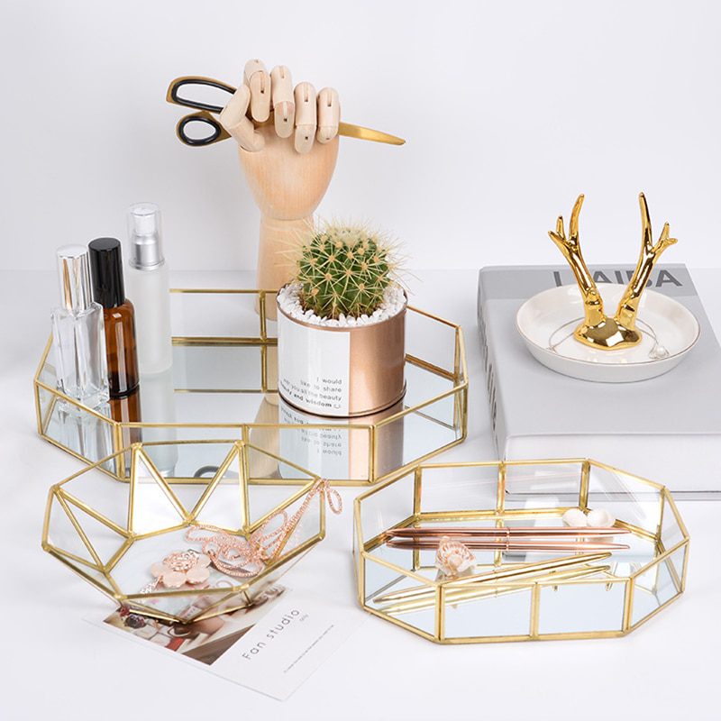 Gold Glass Cosmetic Trays Beauty Makeup Organizer Jewelry