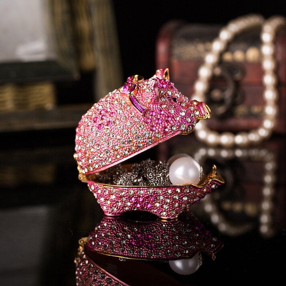 Qifu Handicraft cute pig fill of diamonds metal jewelry box