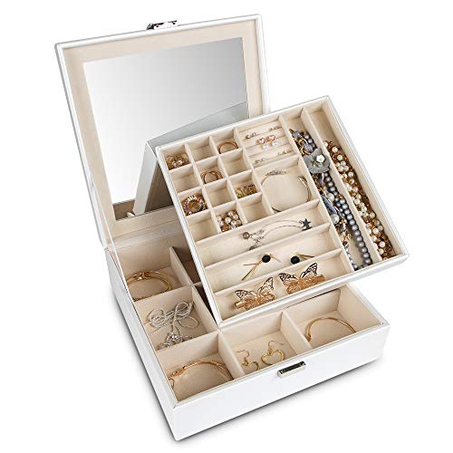 Jewelry Box Organizer Storage Display with Lock and Built-In Mirror