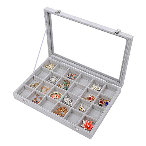 STYLIFING Clear Lid Velvet 24 Grid Jewelry Tray