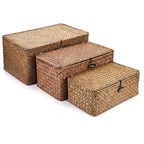 Hipiwe Set of 3 Natural Seagrass Storage Baskets with Lid