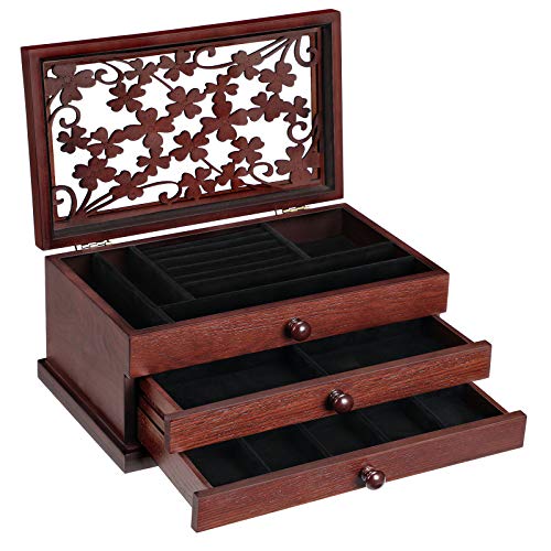 SONGMICS Wooden Jewelry Box with Floral Carving