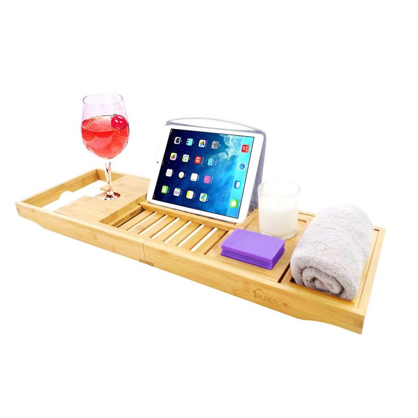 PURENJOY Bamboo Bathtub Tray Caddy with Wine, Book and Soap Holder