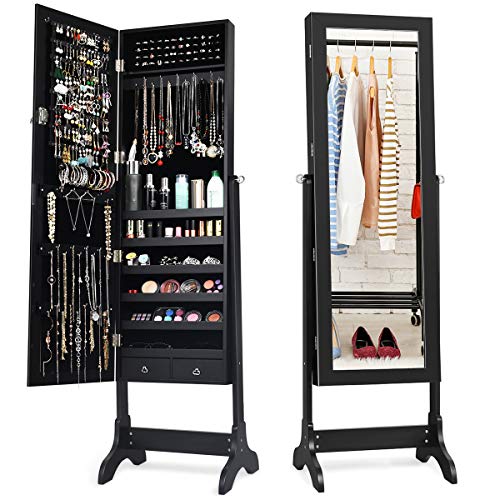 Lockable Standing Jewelry Armoire with Full Length Mirror