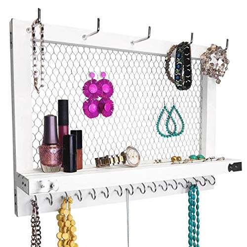 White and Silver Wall Mounted Hanging Jewelry Organizer