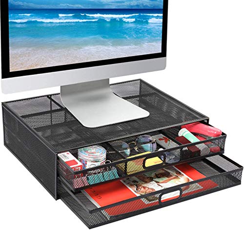 Mesh Metal Monitor Stand Riser with Drawer