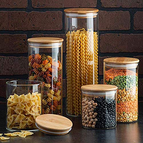 Canister Set of 5, Glass Kitchen Canisters with Airtight Bamboo Lid
