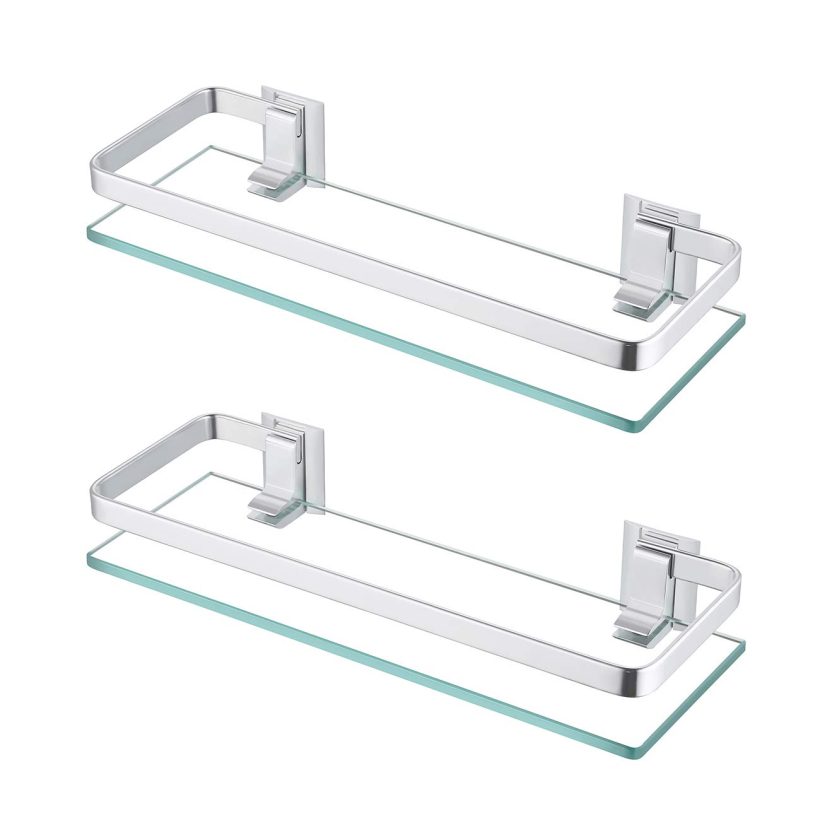 KES Bathroom Glass Shelf Anodized Aluminum Tempered Glass 8MM Extra Thick 2 Pack Retangular 1 Tier Storage Organizer Wall Mount Sliver, A4126A-P2