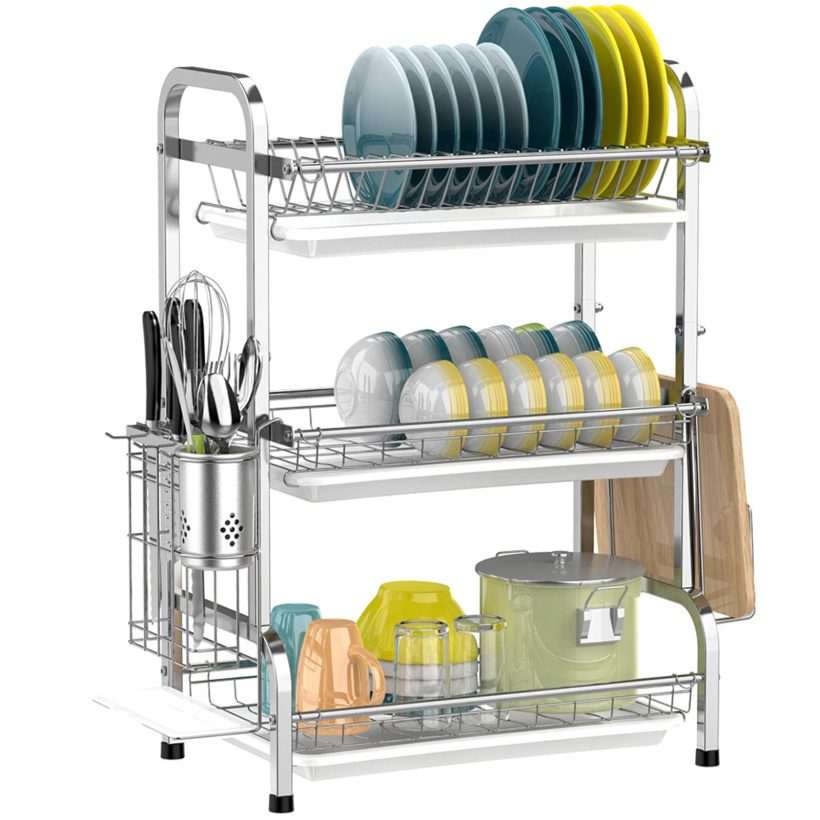 Large Capacity 201 Stainless Steel Dish Rack with Utensil Holder
