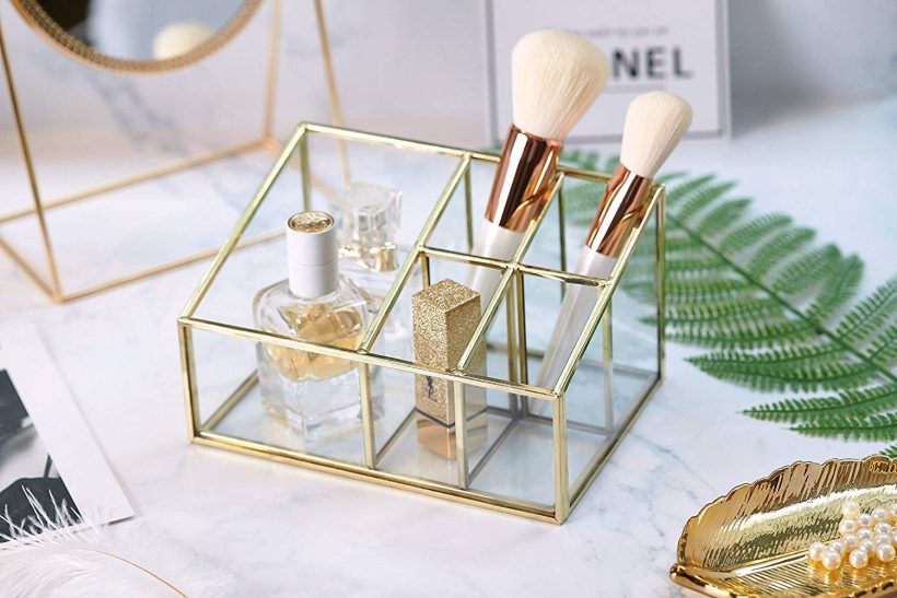 Glass & Metal Cosmetic Organizer Brass Makeup Storage