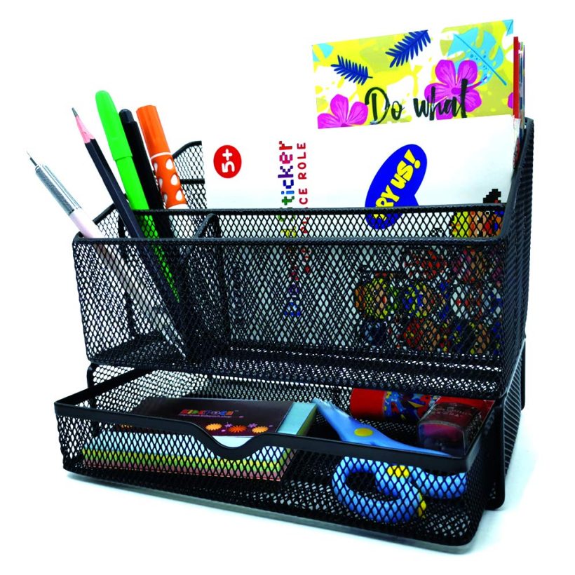 All in one black office desk mesh organizer with 5 compartments