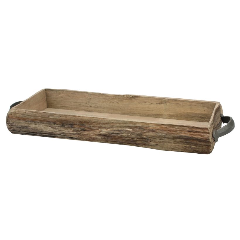 Stonebriar Rectangle Natural Wood Bark Serving Tray with Metal Handles