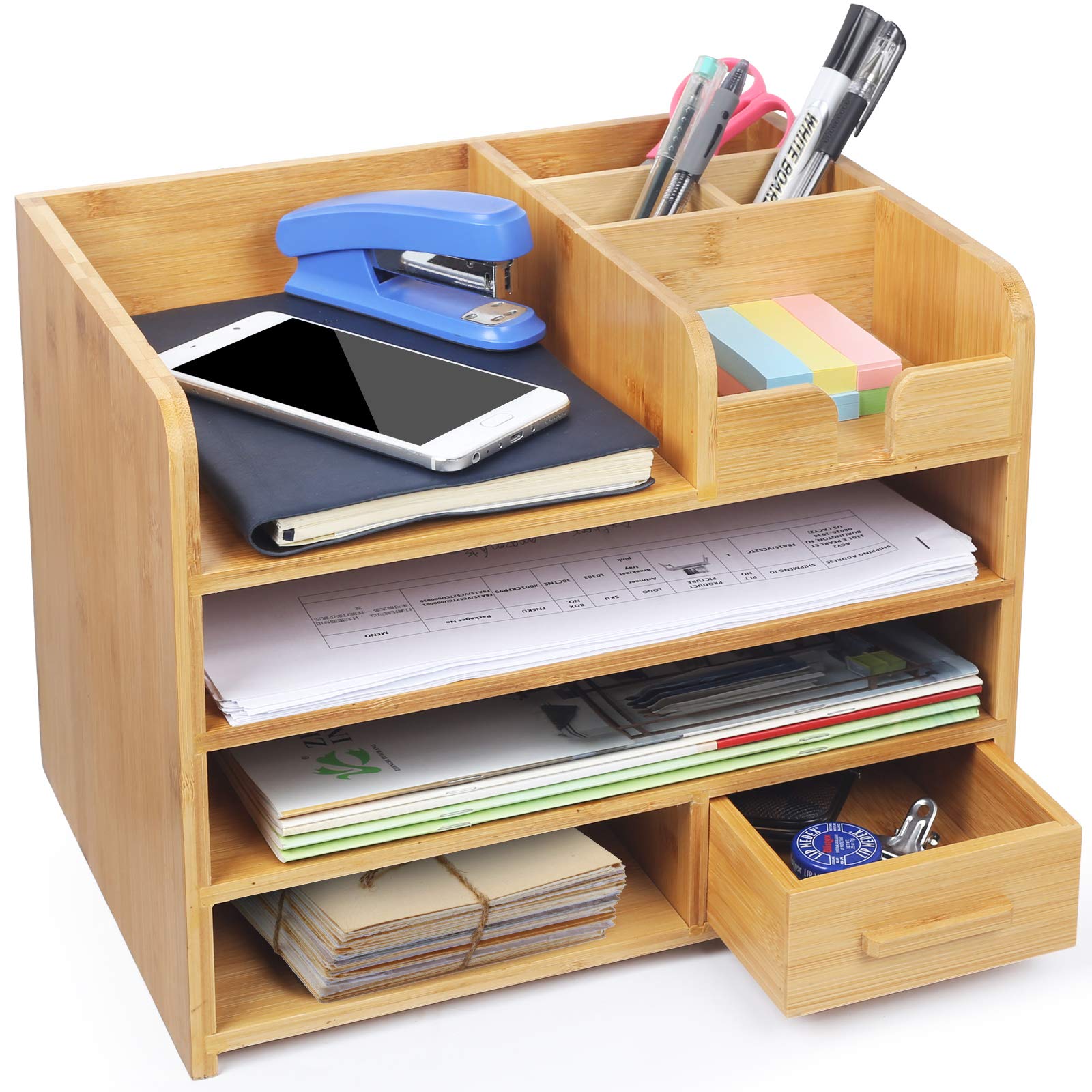 Bamboo Office Desk File Organizer with Drawer