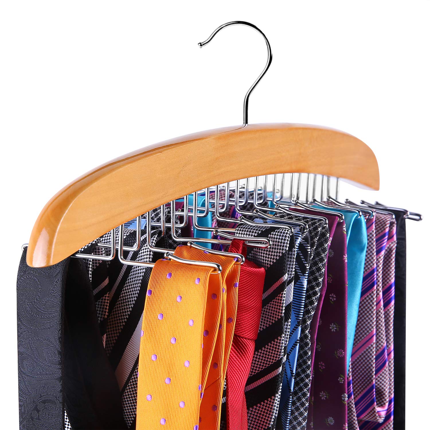 Ohuhu Tie Rack, Wooden Tie Organizer, 24 Tie Hanger Hook Storage Rack