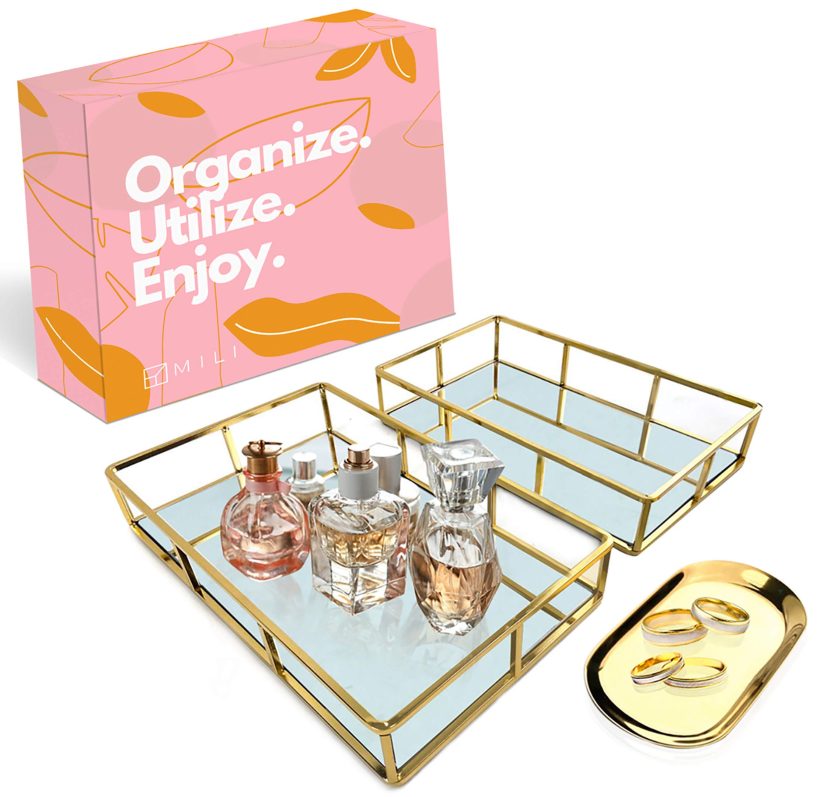 Mili Vanity Trays – 2 Large Perfume Organizer Mirror Trays