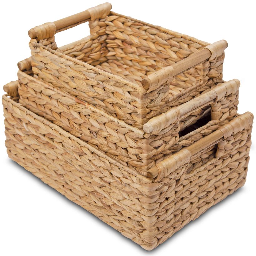 Water Hyacinth Storage Baskets Rectangular with Wooden Handles